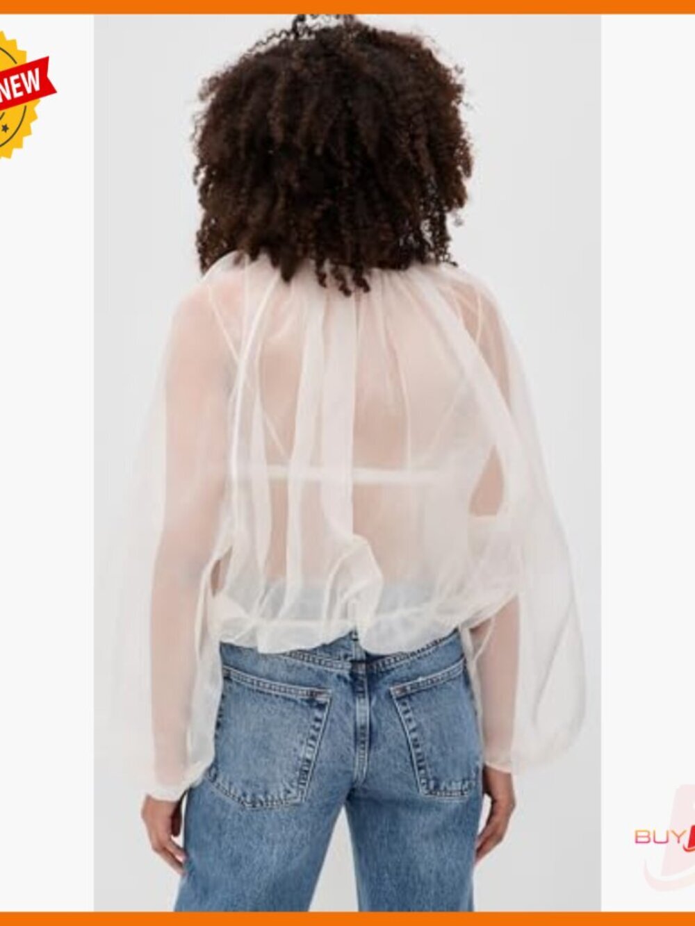 Silk Sheer Balloon Blouse Long Sleeve Crew Neck Pull On - Picture 4 of 6